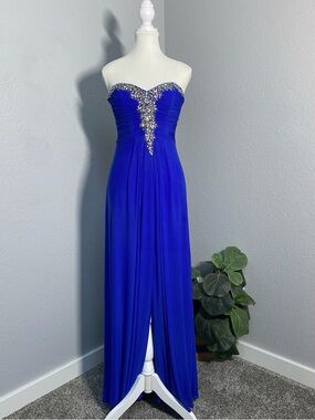 BLONDIE NITES ROYAL BLUE JEWELED FRONT SLIT GOWN PROM DRESS HOCO FAIRYCORE Y2K